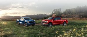 Red and Blue 2022 Ford F-150 in a field